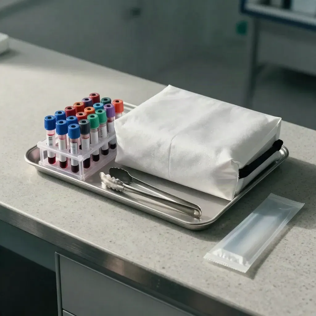 Top-down lab courier tray with blood tubes, cool pack, specimen rack and tongs on travertine.