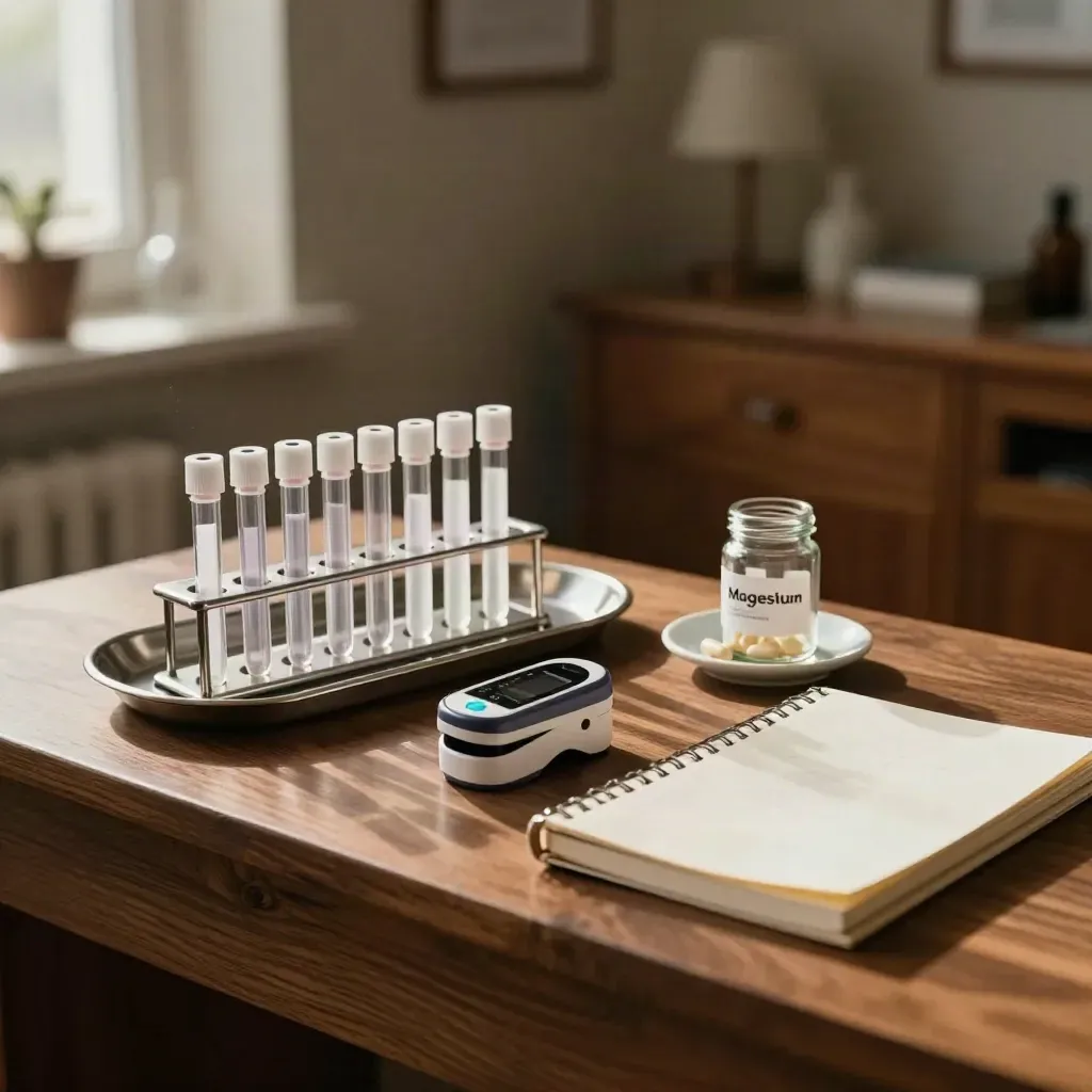 Cozy clinic tray with specimen tubes, pulse-ox clip, magnesium capsules, and notebooks on a walnut counter.