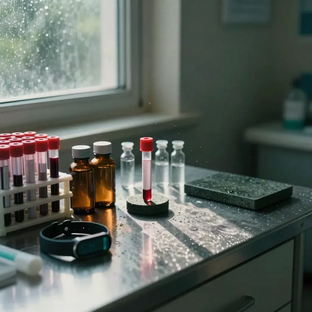 Rain-washed clinic table with blood tubes, amber bottles, vials, and a sleep tracker at dawn.