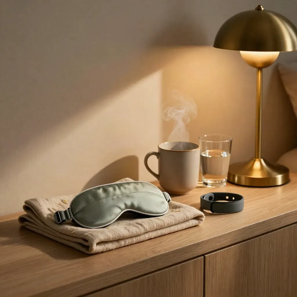Bedside recovery corner with eye mask, steam, water glass, lamp glow and sleep tracker on linen.