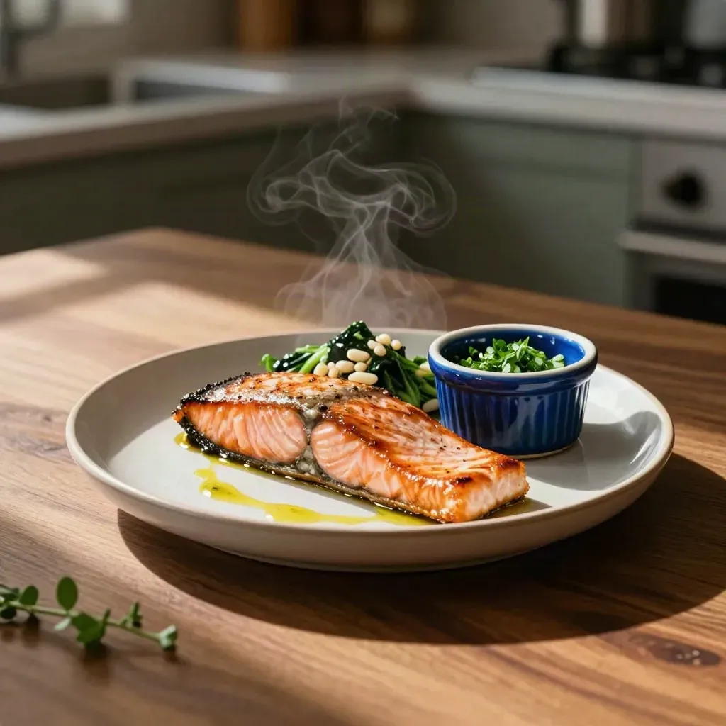 Salmon recovery plate with roasted greens, grains, herbs and a blue ramekin on warm wood.