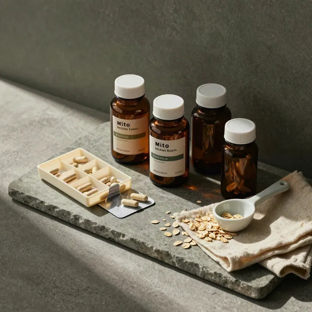 Overhead supplement cluster on stone with amber bottles, blister packs, pill organiser, and linen.