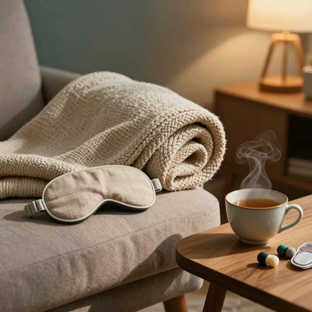 Weighted blanket, tea, sleep mask and earplugs on a low chair in a calm recovery corner.