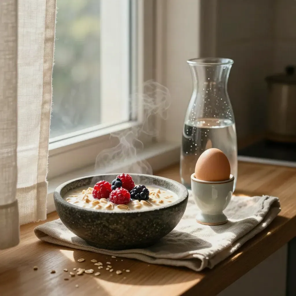 Macro breakfast corner with oats, berries, eggs, a water carafe and glowing linen curtains.