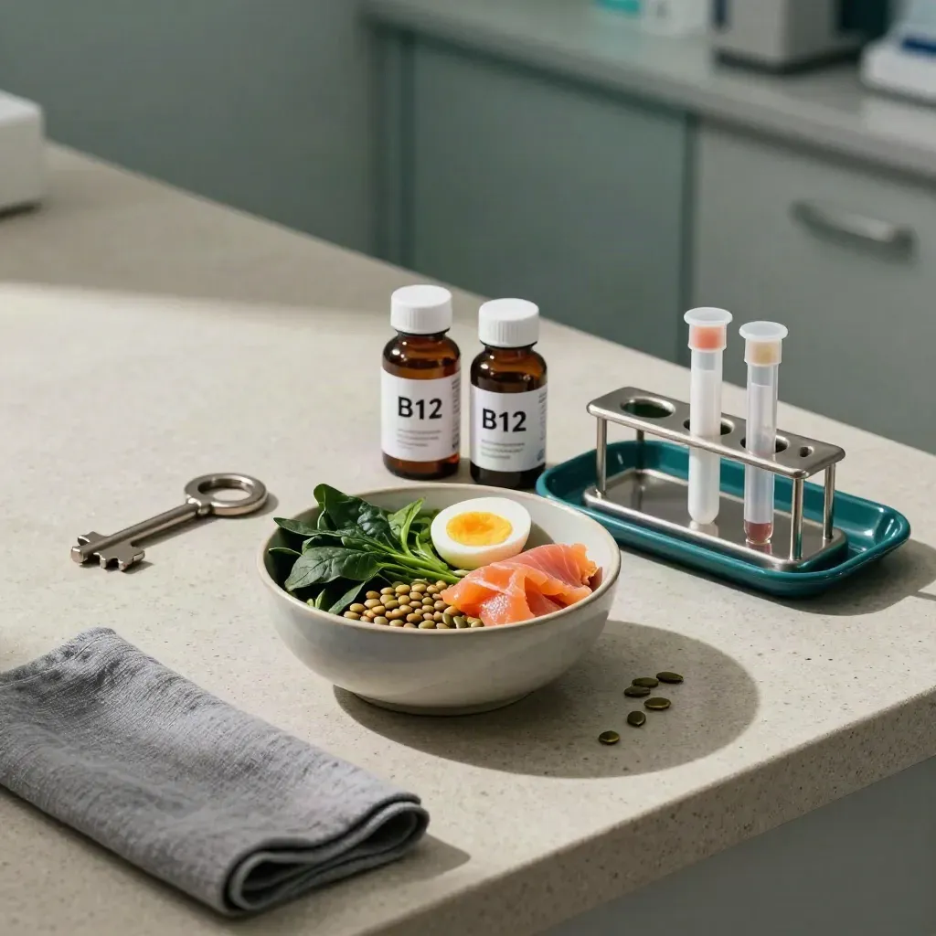 Clinic tabletop with iron-rich foods, B12 bottles, and specimen tubes on cool linen.