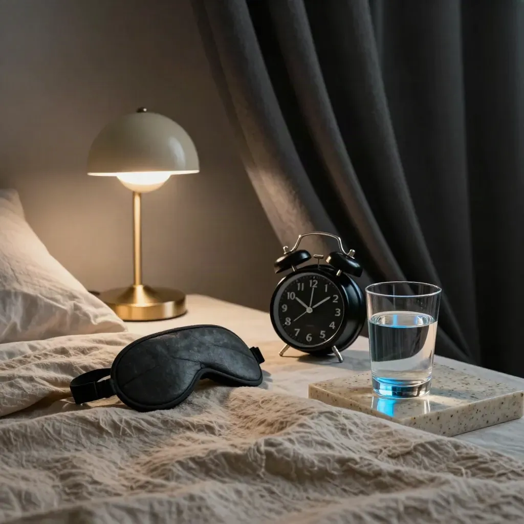 Dark bedside scene with sleep mask, warm lamp, turned clock, and water glass at dawn