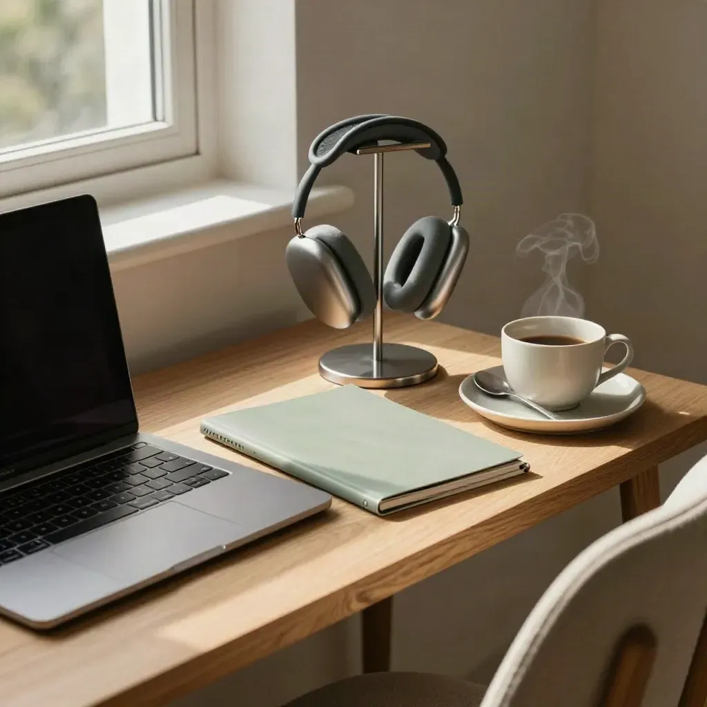 Remote work corner with closed laptop, headset, notes folder and tea tray in warm window light