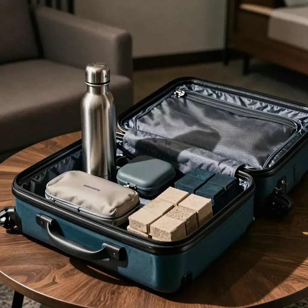 Packed carry-on with water bottle, pill case and headset case on a hotel table, lit dramatically.