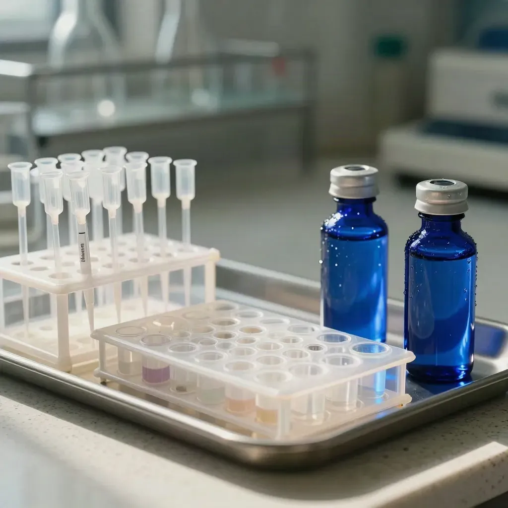 Macro still life of lab pipette tips, serum tubes, microtube rack and cobalt bottles on travertine.