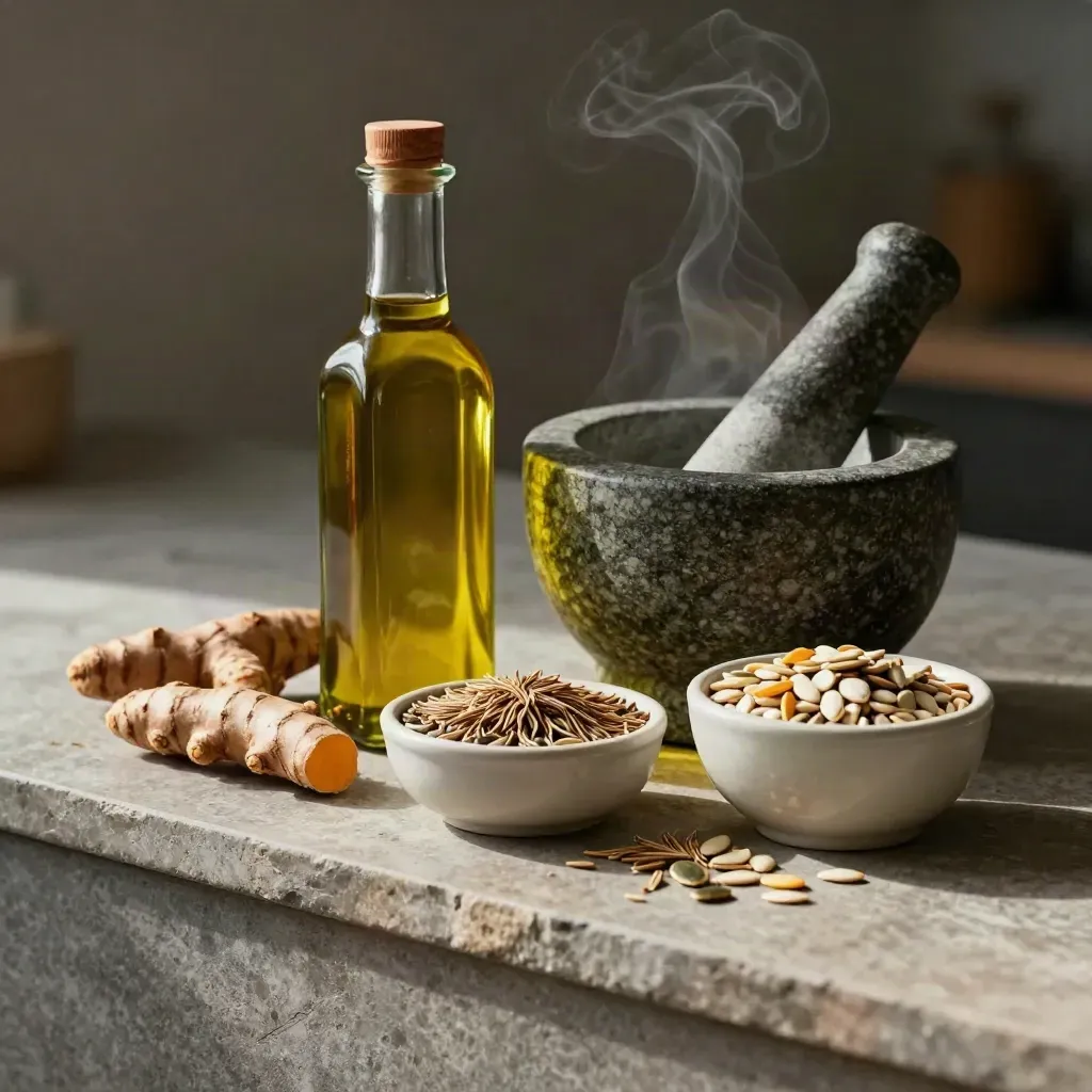 Olive oil, turmeric, seeds, bowls, and mortar and pestle on stone