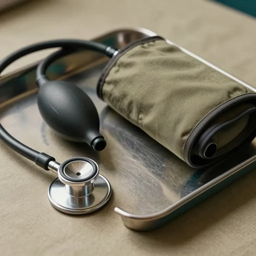 Close-up of medical tools on linen and a metal tray.