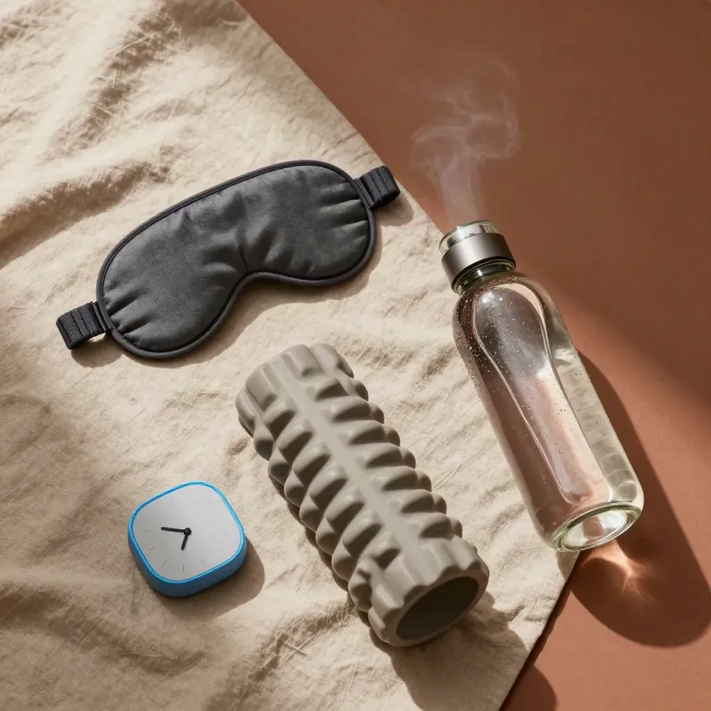 Sleep mask, timer, foam roller, and glass water bottle on linen, viewed from above.