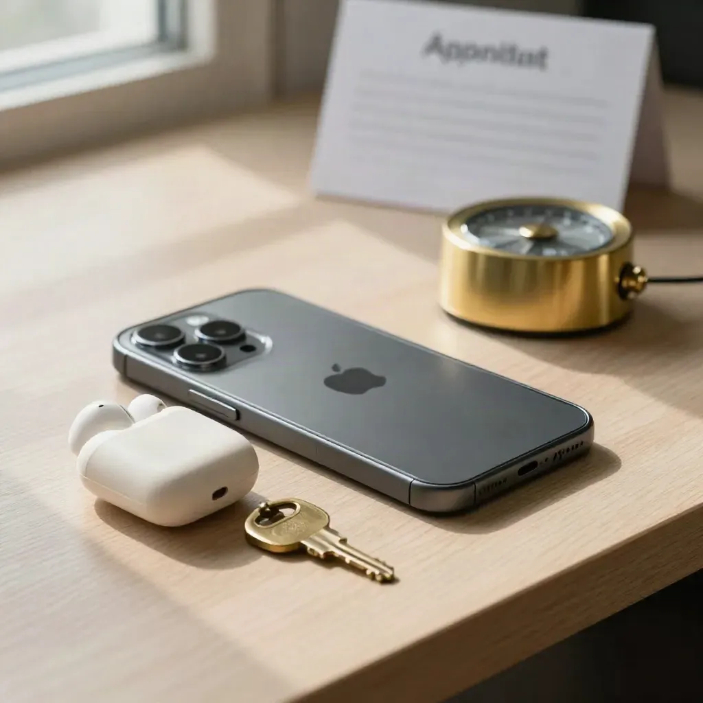 Face-down phone, earbuds, key and brass timer on pale wood with soft side light.