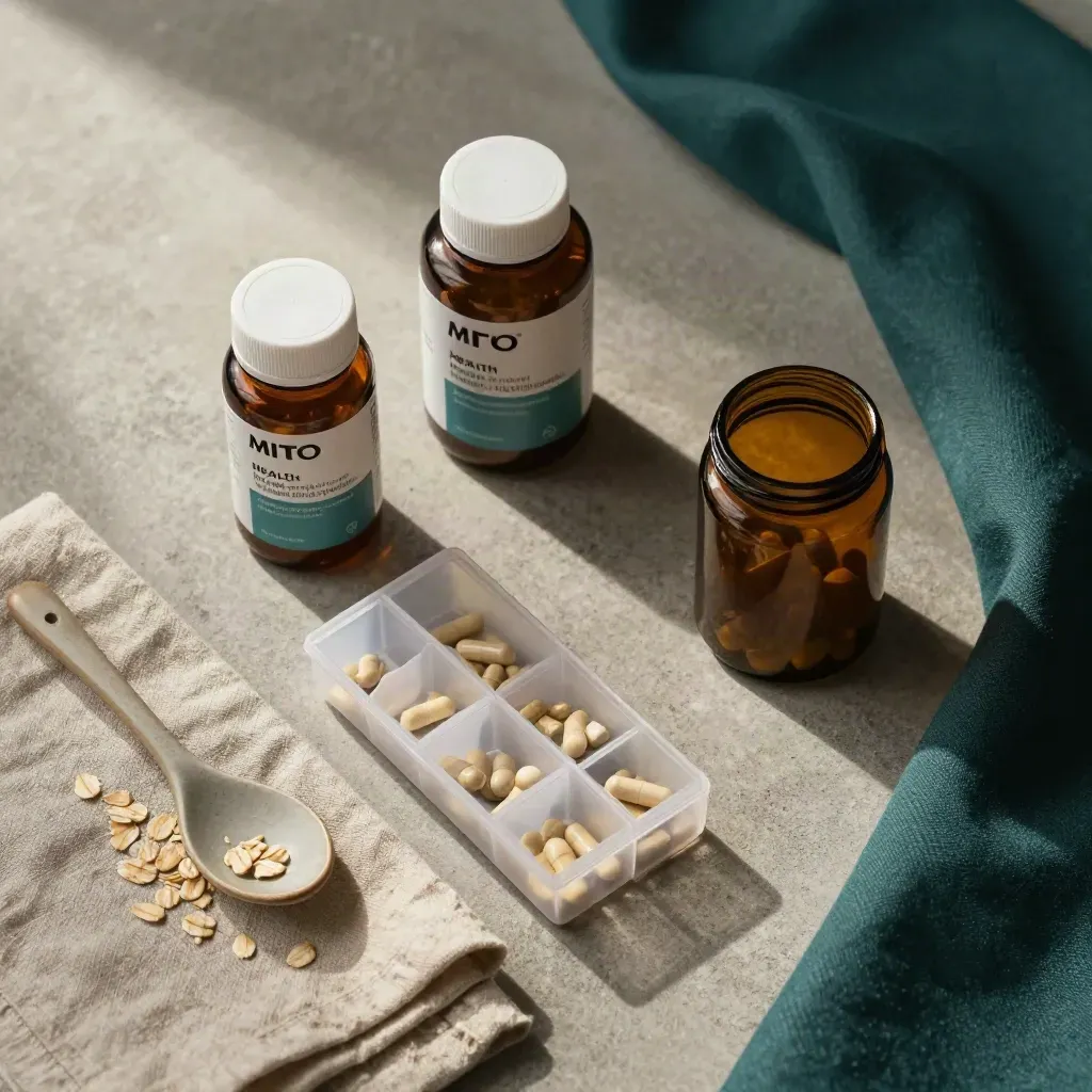 Amber supplement bottles, pill organiser and ceramic spoon on folded linen.