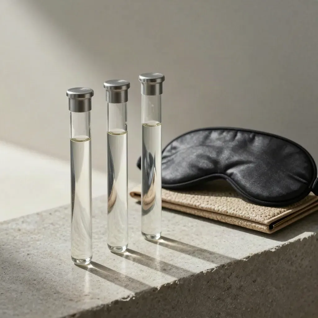 Specimen tubes, sleep mask, and file wallet on a stone ledge in cool clinical light.