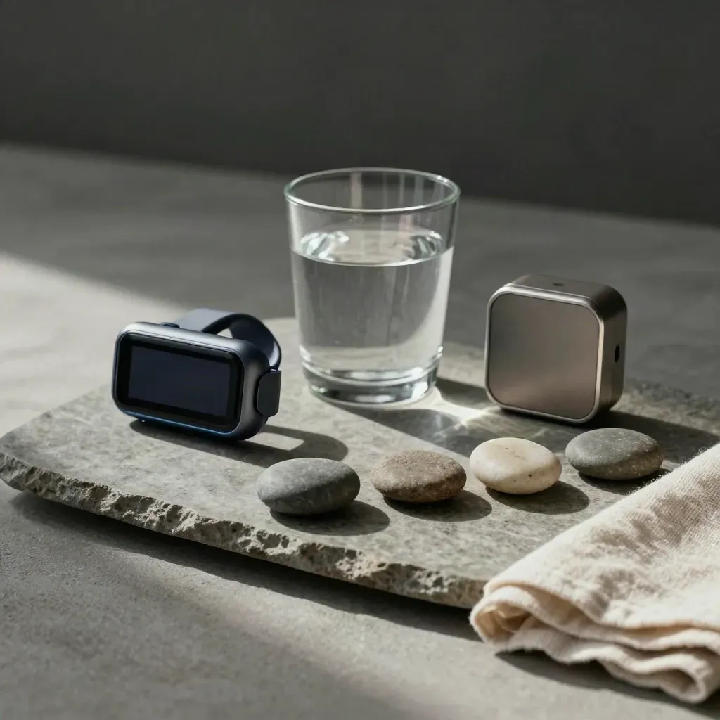 Wearable tracker, water glass, timer, and stones on a stone tray.