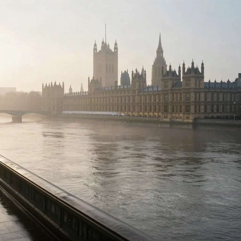 Misty London dawn over Westminster and the Thames, skyline high and calm river below.