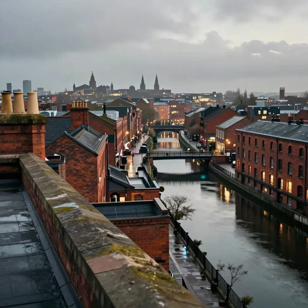 Midlands city skyline above canals at blue hour, wet streets and low cloud from a rooftop view