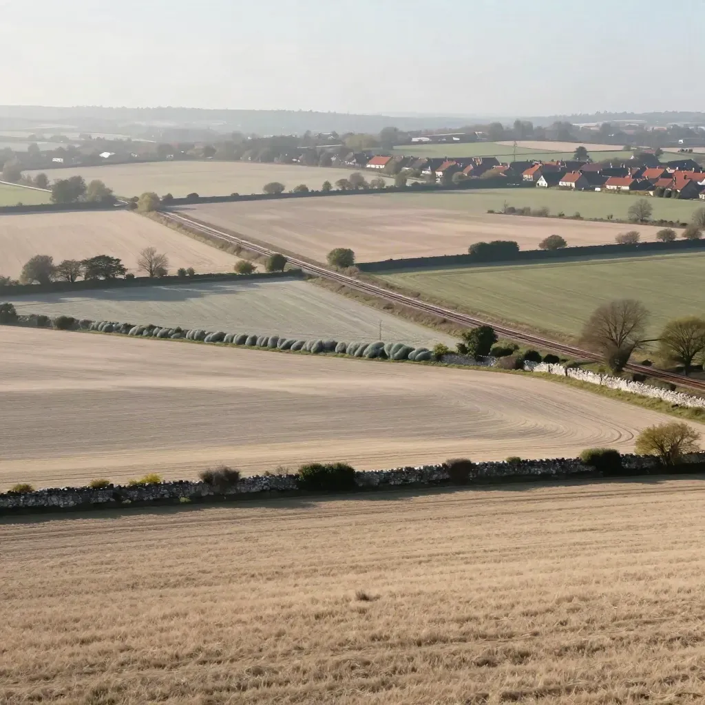 High UK countryside view with hedgerows, rail lines, fields and rooftops in soft sunlit haze.